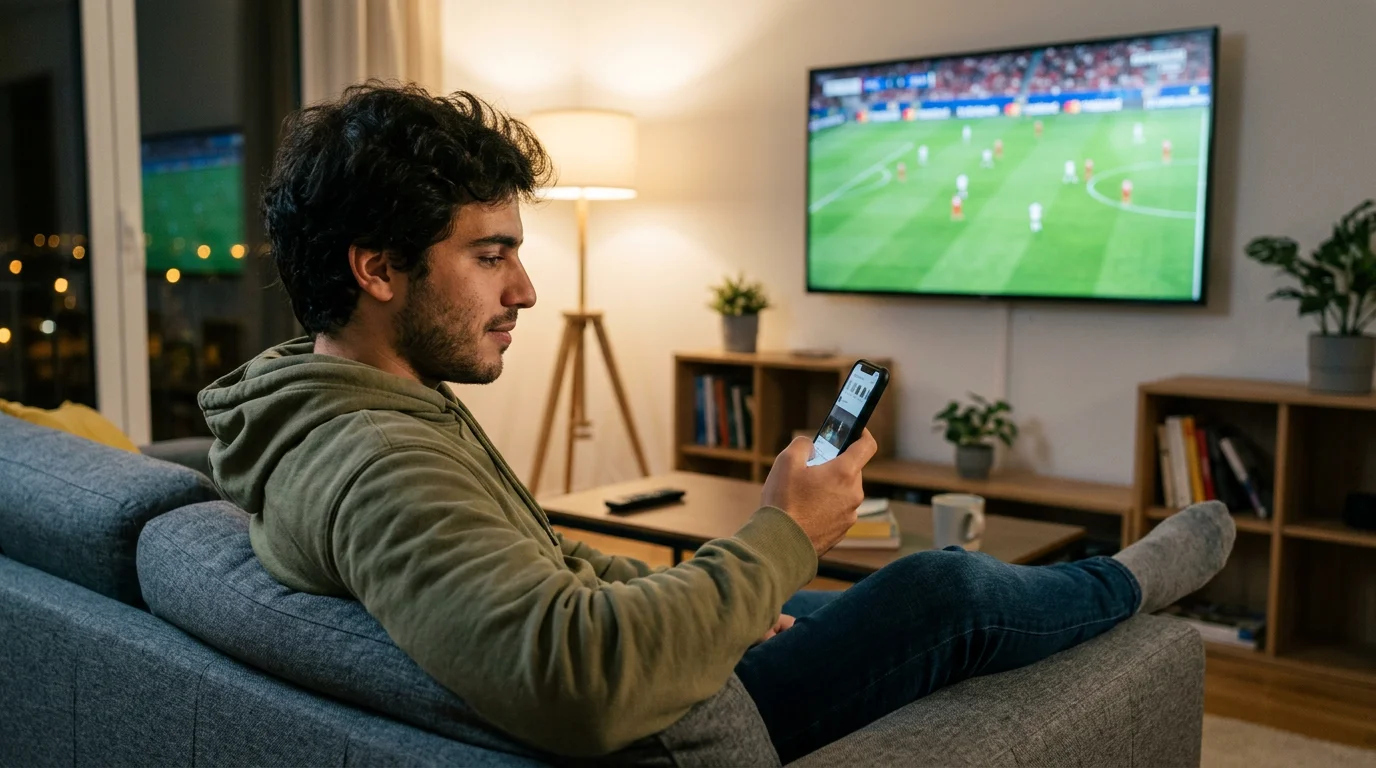 Jovem adulto português a apostar em futebol no smartphone, representando o perfil do apostador português em 2025