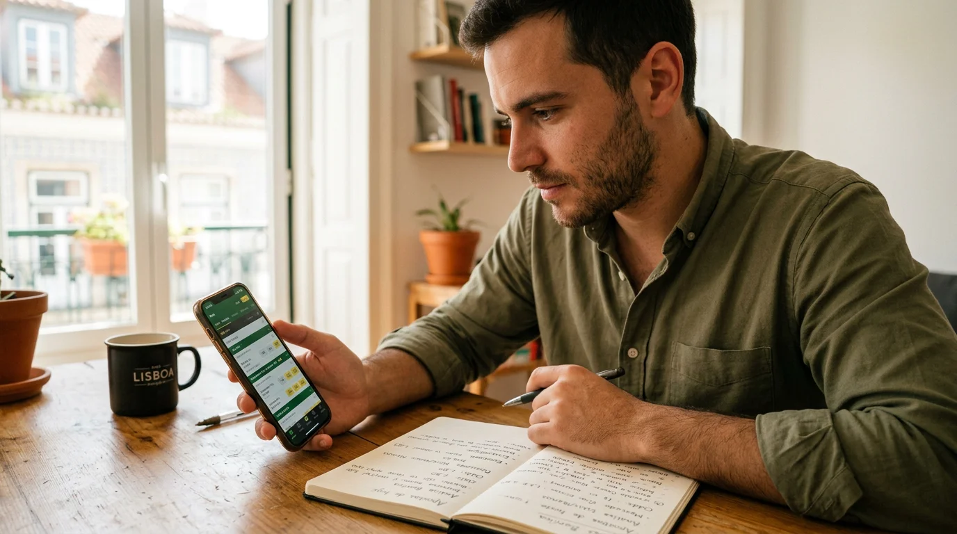 Apostador a analisar cotações de apostas desportivas no smartphone em Lisboa